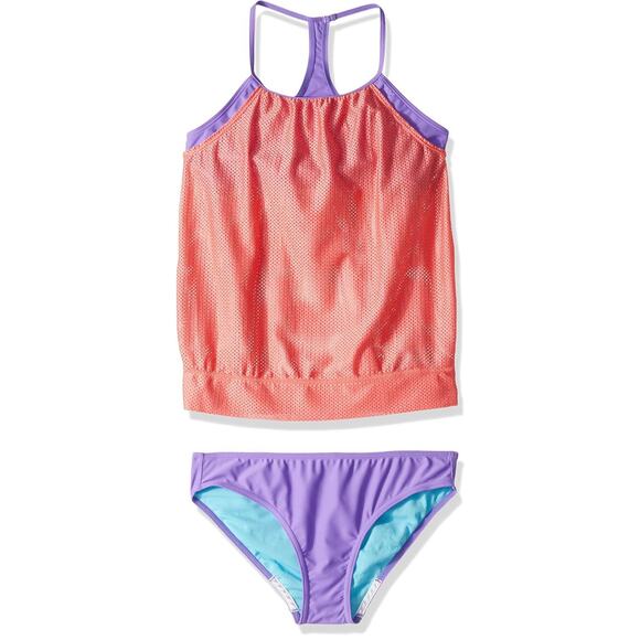 Speedo Swimsuit Two Piece Tankini Set Girls 10 Pink Purple Mesh Swimwear UVP NWT - Picture 1 of 11